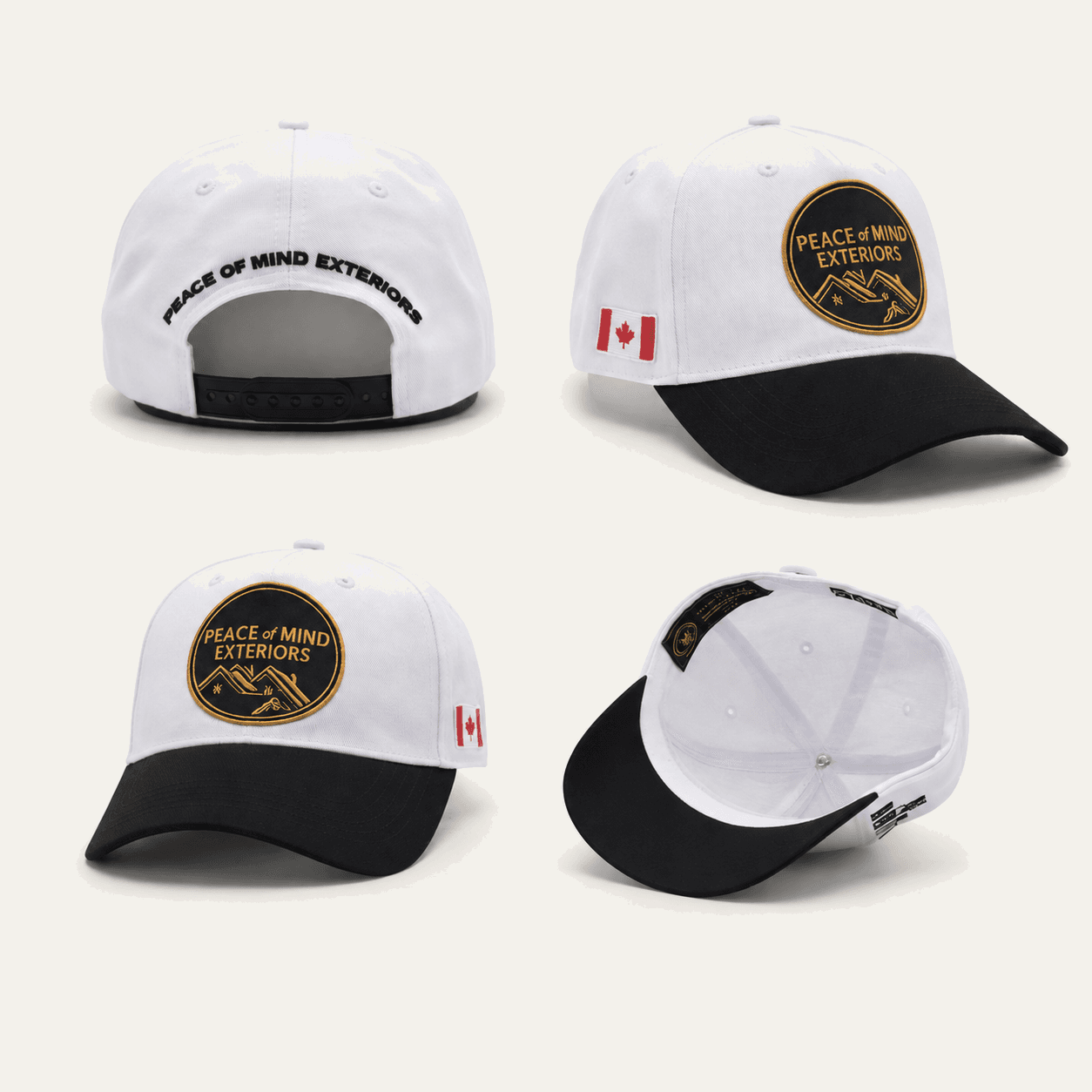 Custom 5 Panel Hats produced for Peace Of Mind Exteriors