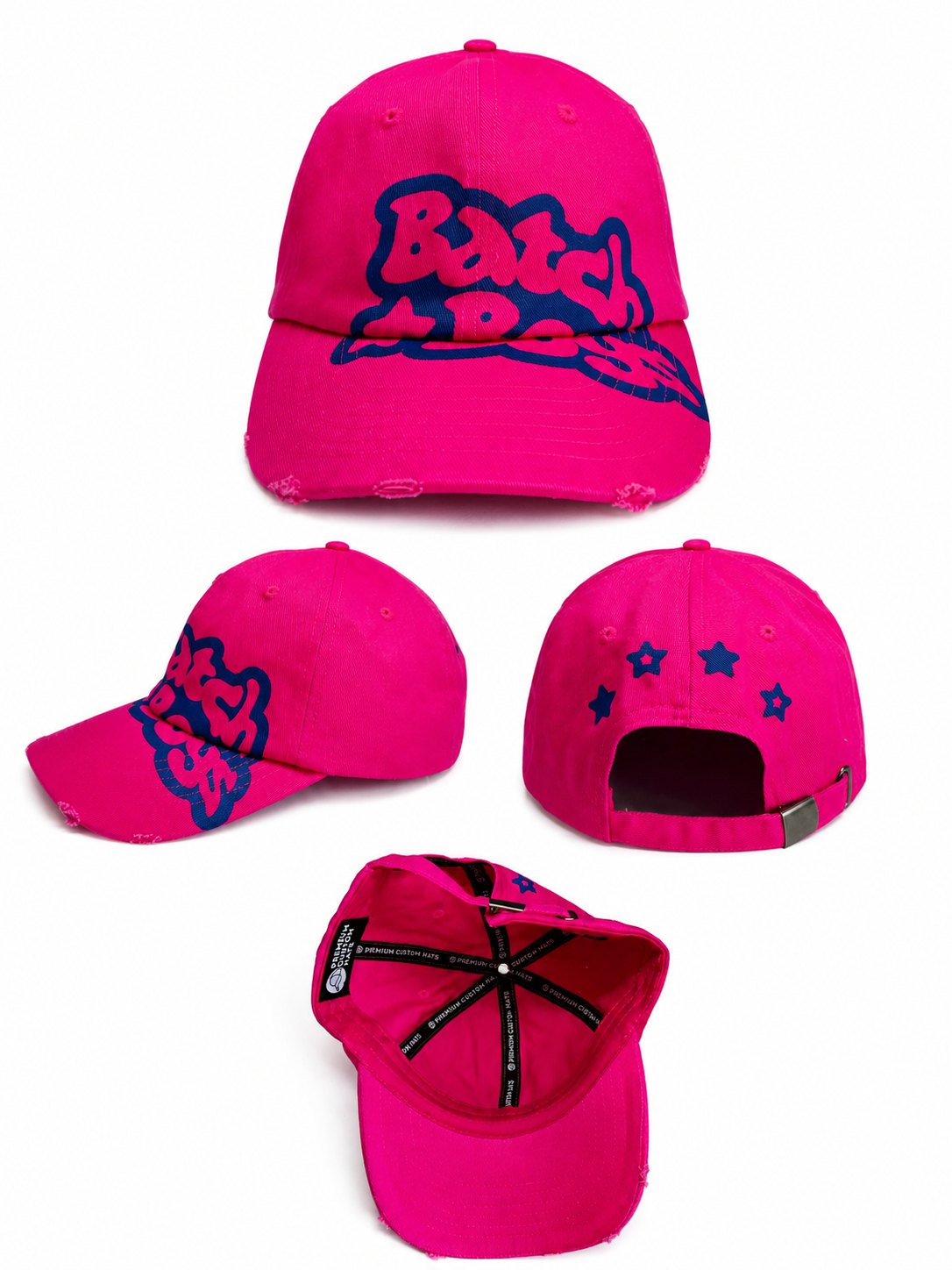 Four views of an embroidered cap produced for Batch Boys Cookies